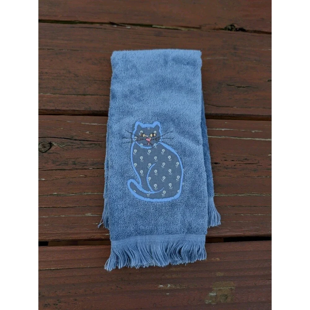 Vintage Embroidered Blue Cat Fingertip Towel NEW Unused Fringe Granny 18x11